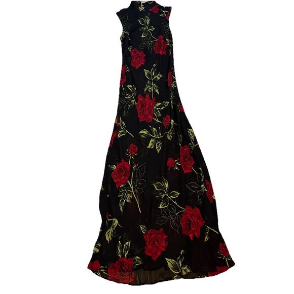 Vtg CACHE Dress Black Sheer Mesh Maxi 4 Rose Flowers 90's Goth Homecoming Y2K - Picture 2 of 7